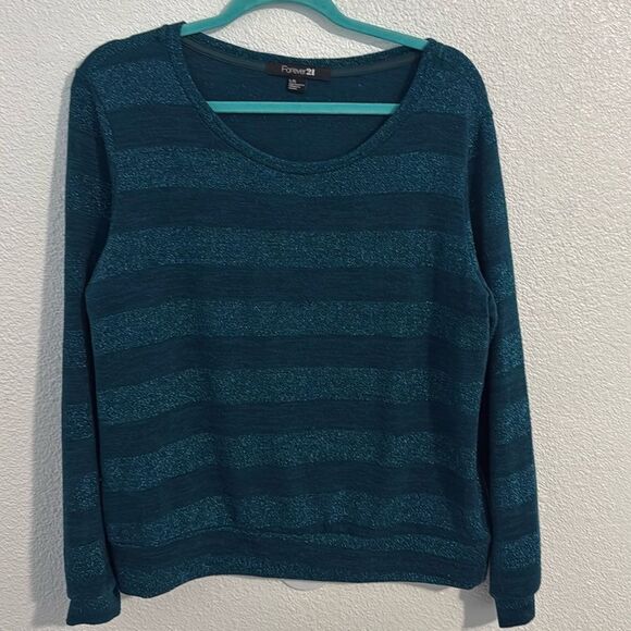Forever 21- teal stripes glitter long sleeve top- Size large - Picture 1 of 6